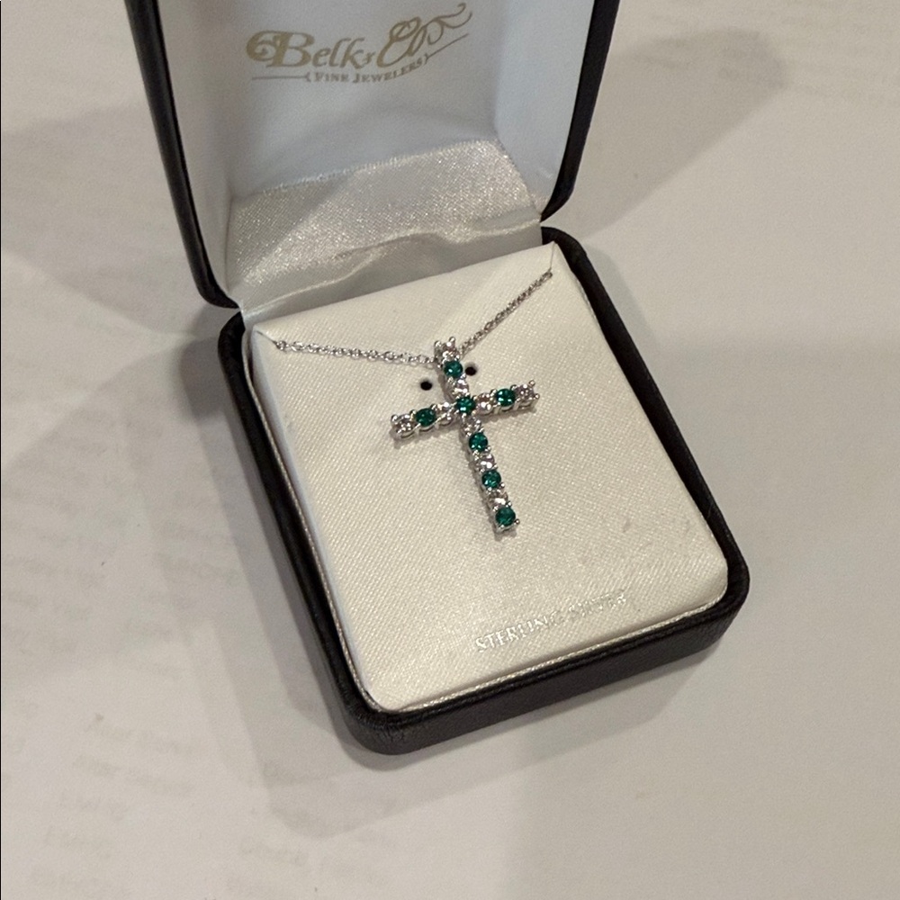 Elegant Sterling Silver and Emerald  Cross Pendant Necklace